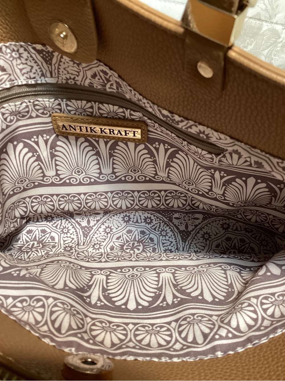 Antik Kraft Tan Tote with Decorative Printed Interior